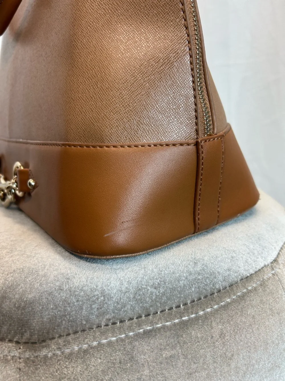 JustFab Camel brown faux leather satchel handbag tote dome shape gold-tone